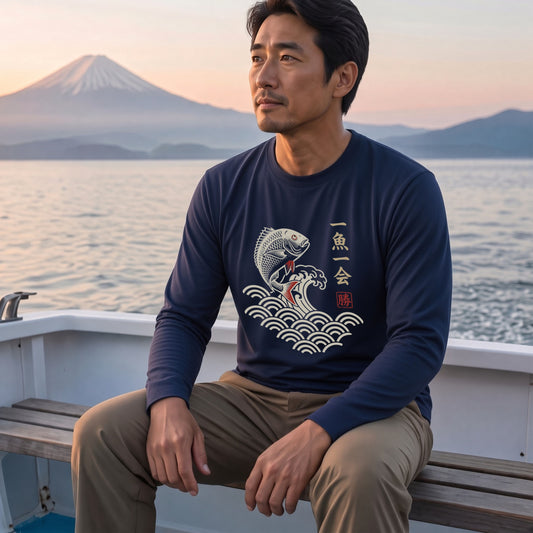 一魚一会 | 和柄 チヌ 黒鯛 波 浮世絵風 筆文字 釣り グラフィック 長袖Tシャツ【釣り雑貨・海釣り・磯釣り・カジュアル・ギフトに最適】