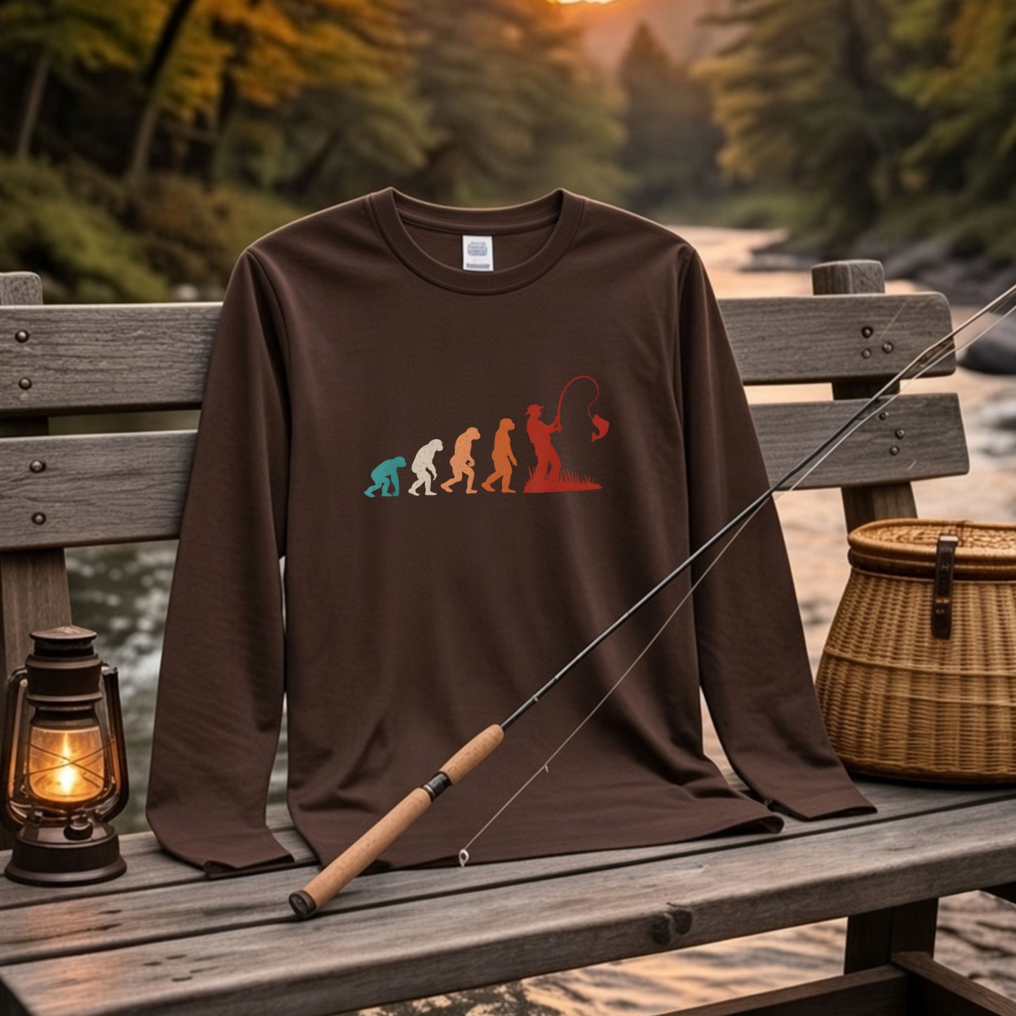 EVOLUTION | 釣り人 進化 イラスト レトロ カラフル シンプル 長袖Tシャツ【釣り男子・釣りガール・ルームウェア・ギフト】