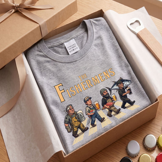 THE FISHERMENS | 海の男たち 巨大マグロ 乾杯ビール ロック名盤オマージュ グラフィック 長袖Tシャツ【おもしろ雑貨・普段着・宴会・ユニセックス・ギフトに最適】