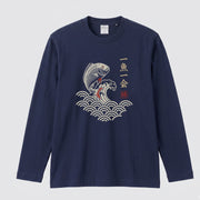 一魚一会 | 和柄 チヌ 黒鯛 波 浮世絵風 筆文字 釣り グラフィック 長袖Tシャツ【釣り雑貨・海釣り・磯釣り・カジュアル・ギフトに最適】