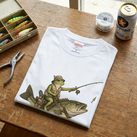 「We Fish at Dawn」ブラックバスに跨るカエル ヴィンテージ風Tシャツ | CASTMODE