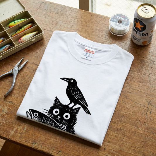 「魚を抱く黒猫とカラス」木版画風 ホワイトアートTシャツ | CASTMODE