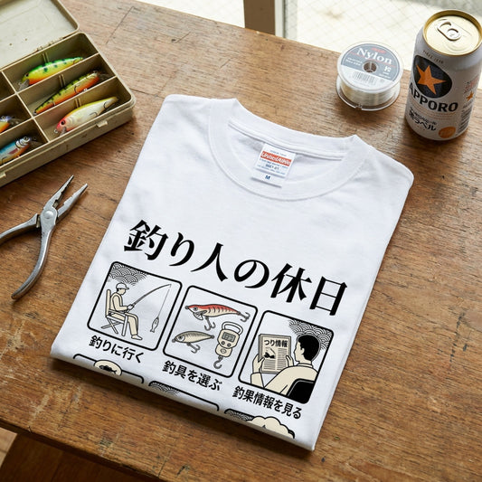 「釣り人の休日」6コマ漫画風 おもしろ白Tシャツ | CASTMODE