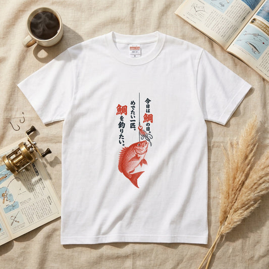 めでたい一匹 | 鯛釣り 筆文字デザイン 鯛ラバ仕掛け 和風 魚グラフィック Tシャツ【釣りウェア・アウトドア・普段着・オシャレ・ギフトに最適】