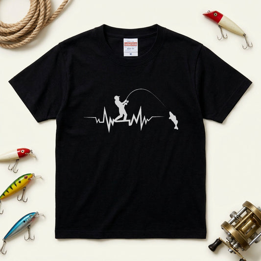 釣り心電図(ハートビート)アングラー シルエット黒Tシャツ | CASTMODE
