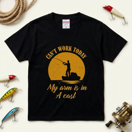 CAN'T WORK TODAY 釣りダジャレ英字 サンセット黒Tシャツ | CASTMODE