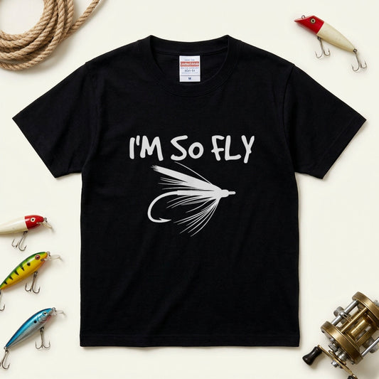 【I'M SO FLY】フライフィッシング 毛鉤(フライ)イラスト黒Tシャツ | CASTMODE