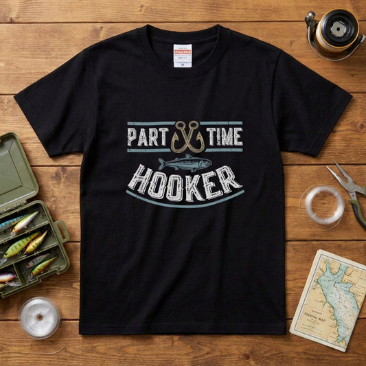 「PART TIME HOOKER」ヴィンテージ調 釣りユーモアTシャツ | CASTMODE