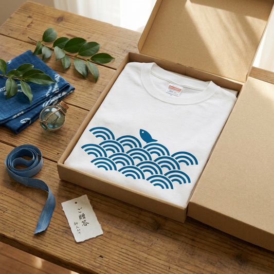 青海波と魚 ワンポイントTシャツ|和柄・藍色の釣りシャツ | CASTMODE