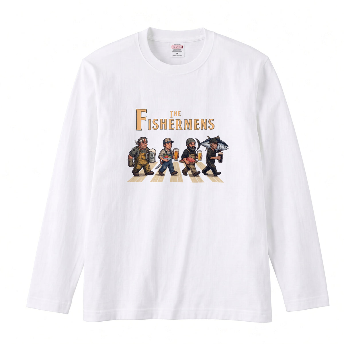 THE FISHERMENS | 海の男たち 巨大マグロ 乾杯ビール ロック名盤オマージュ グラフィック 長袖Tシャツ【おもしろ雑貨・普段着・宴会・ユニセックス・ギフトに最適】