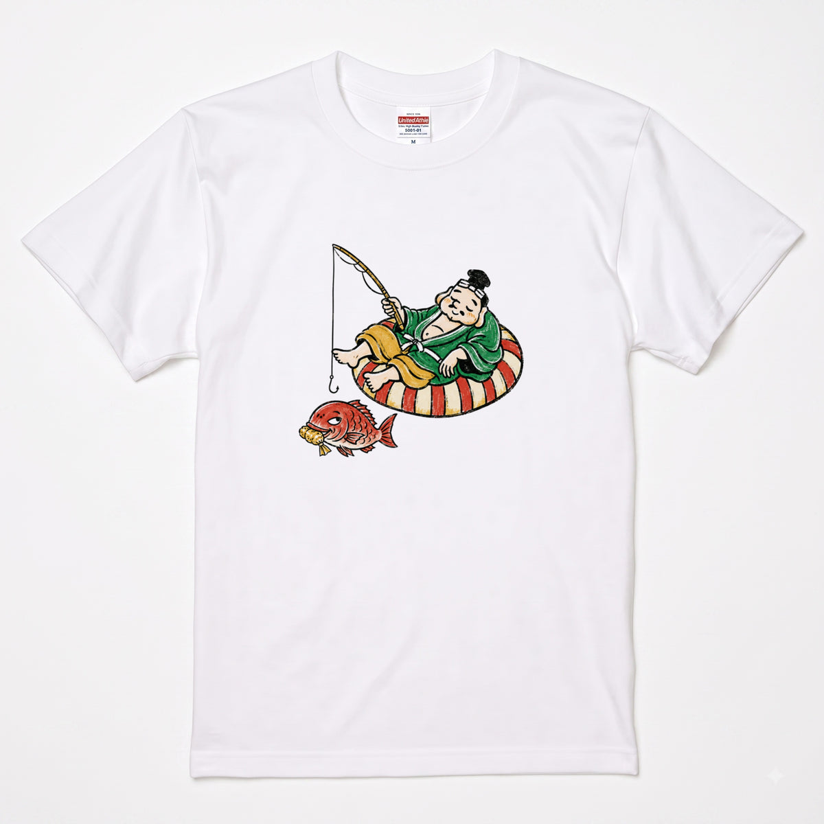 EBISU SUMMER | 手描き風 恵比寿様 釣り タイ バカンス グラフィック Tシャツ【和風レトロ・釣り人・普段着・オシャレ・ギフトに最適】