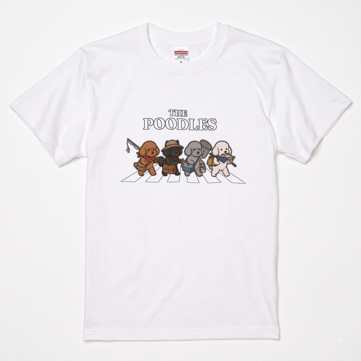 THE POODLES | 横断歩道 ゆるかわ プードル フィッシング パロディTシャツ【愛犬家・釣り好き・アウトドア・ギフトに最適】