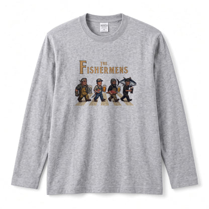 THE FISHERMENS | 海の男たち 巨大マグロ 乾杯ビール ロック名盤オマージュ グラフィック 長袖Tシャツ【おもしろ雑貨・普段着・宴会・ユニセックス・ギフトに最適】