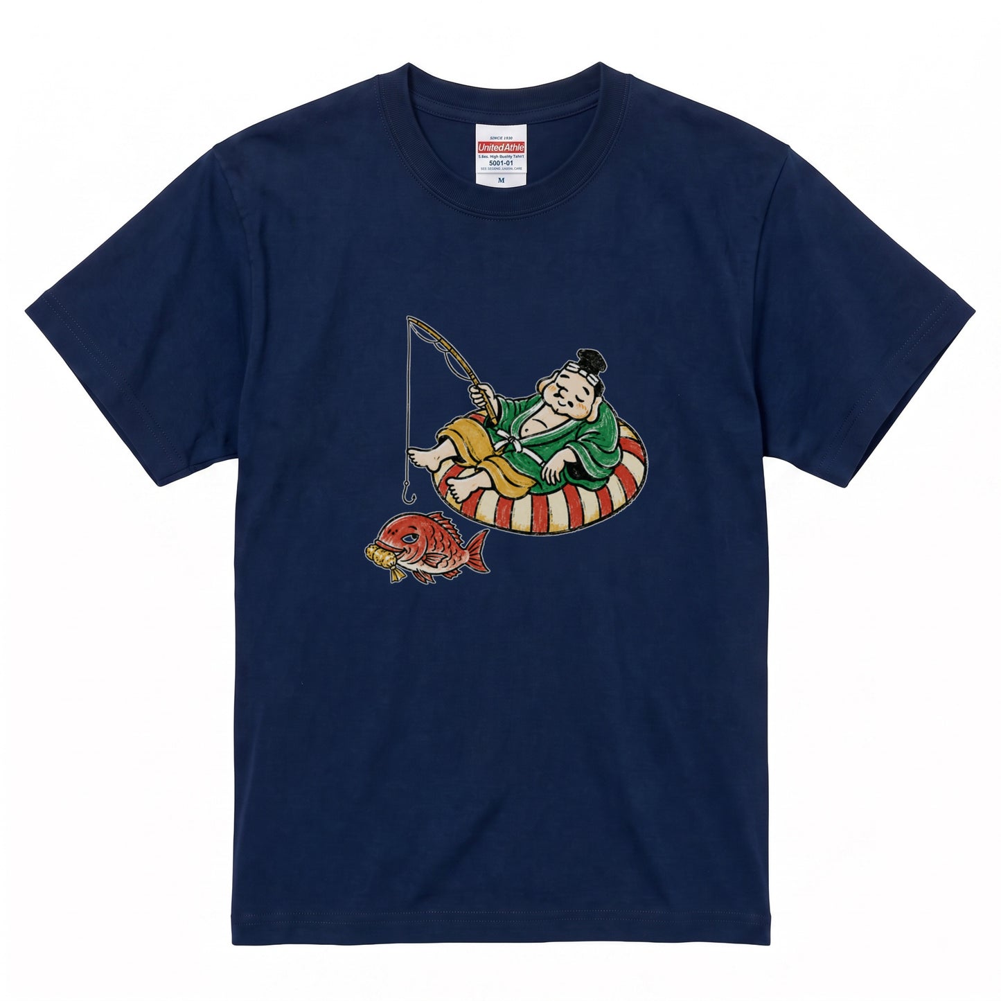 EBISU SUMMER | 手描き風 恵比寿様 釣り タイ バカンス グラフィック Tシャツ【和風レトロ・釣り人・普段着・オシャレ・ギフトに最適】