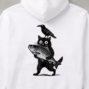Black Cat Raven And Big Fish  黒猫とカラスの大漁図「獲物を抱く猫」 パーカー フーディ｜バックプリント