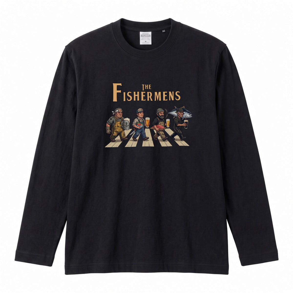 THE FISHERMENS | 海の男たち 巨大マグロ 乾杯ビール ロック名盤オマージュ グラフィック 長袖Tシャツ【おもしろ雑貨・普段着・宴会・ユニセックス・ギフトに最適】