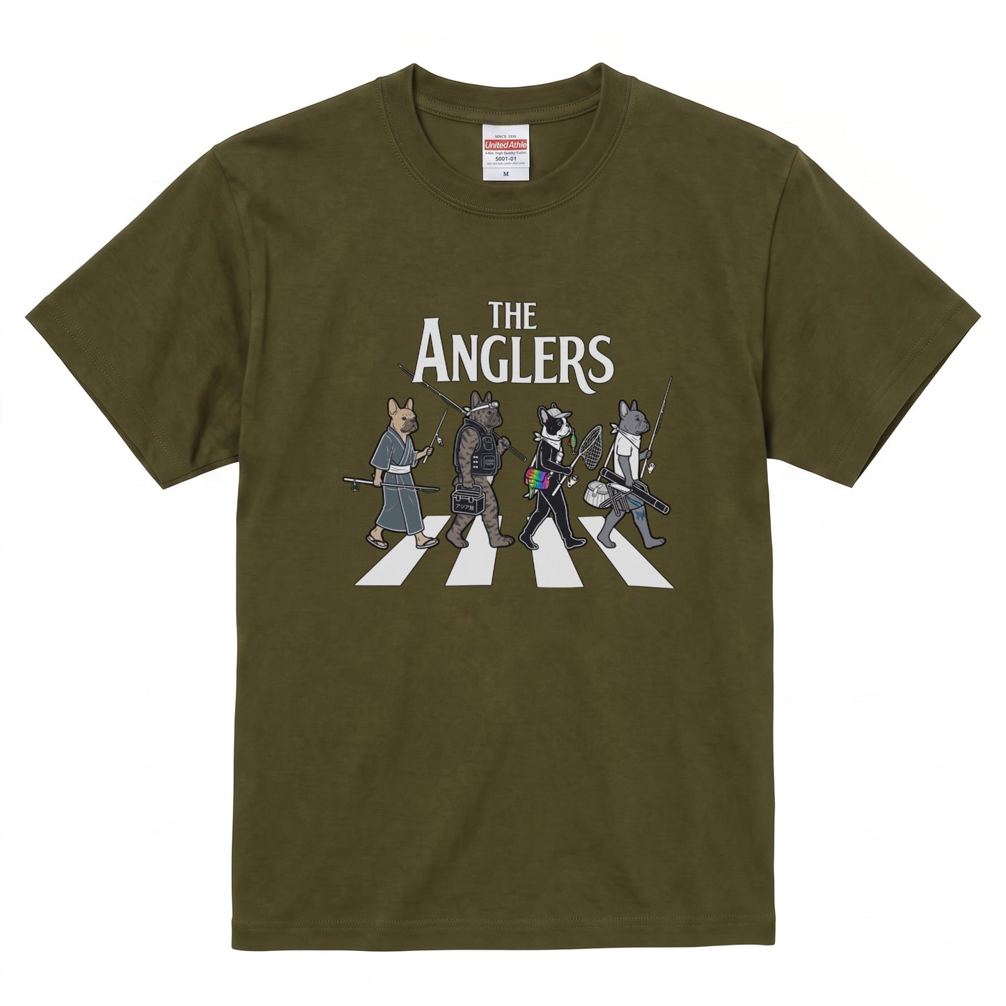 THE ANGLERS BULLDOG | 釣り人 フレンチブルドッグ 横断歩道 ゆるかわ パロディ Tシャツ【犬好き・愛犬家・鼻ぺちゃ犬・釣りグッズ・イベント・プレゼントに最適】