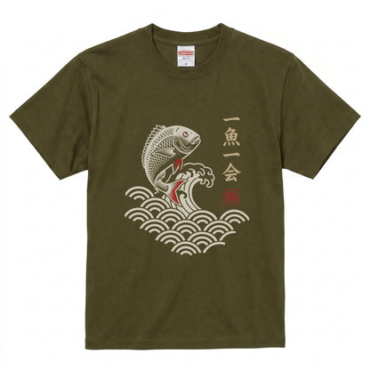 「一魚一会」浮世絵風 和柄白Tシャツ