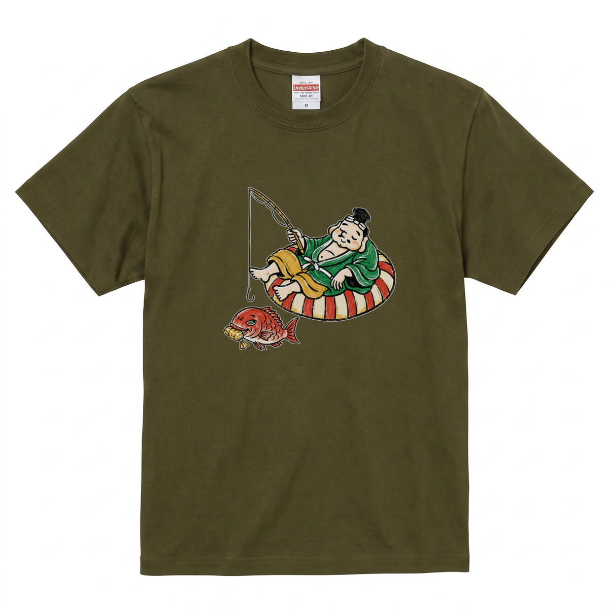 EBISU SUMMER | 手描き風 恵比寿様 釣り タイ バカンス グラフィック Tシャツ【和風レトロ・釣り人・普段着・オシャレ・ギフトに最適】