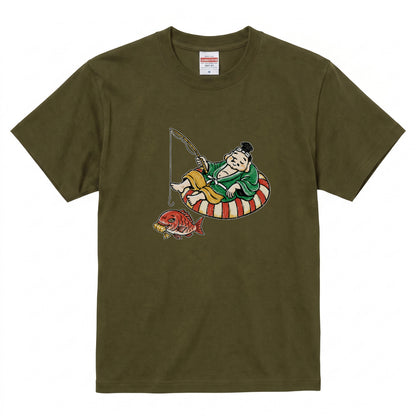 EBISU SUMMER | 手描き風 恵比寿様 釣り タイ バカンス グラフィック Tシャツ【和風レトロ・釣り人・普段着・オシャレ・ギフトに最適】