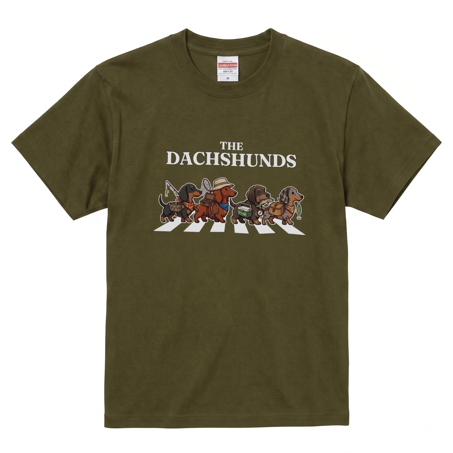 THE DACHSHUNDS | 横断歩道 ゆるかわ ダックスフンド フィッシング パロディTシャツ【愛犬家・釣り好き・アウトドア・ギフトに最適】
