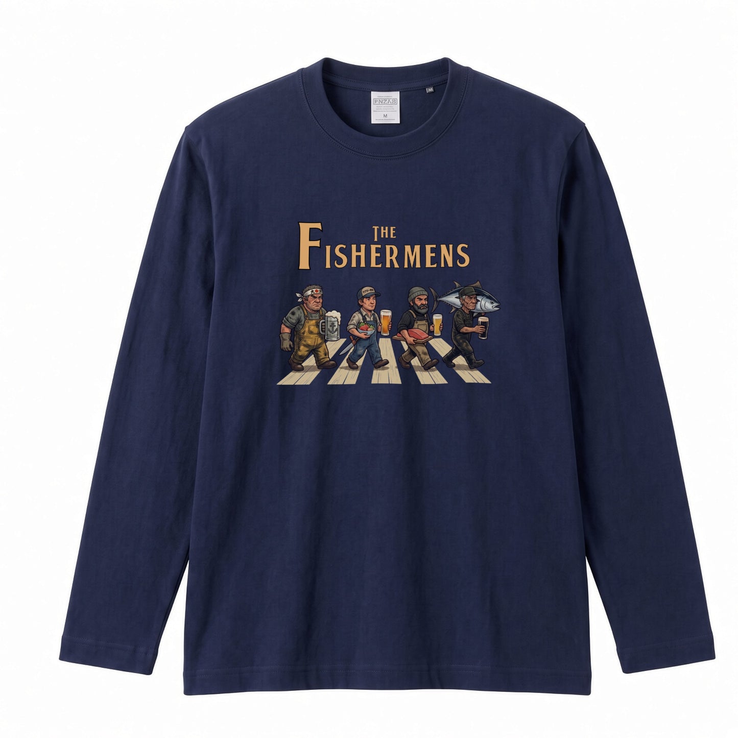 THE FISHERMENS | 海の男たち 巨大マグロ 乾杯ビール ロック名盤オマージュ グラフィック 長袖Tシャツ【おもしろ雑貨・普段着・宴会・ユニセックス・ギフトに最適】