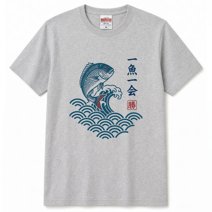 「一魚一会」浮世絵風 和柄白Tシャツ