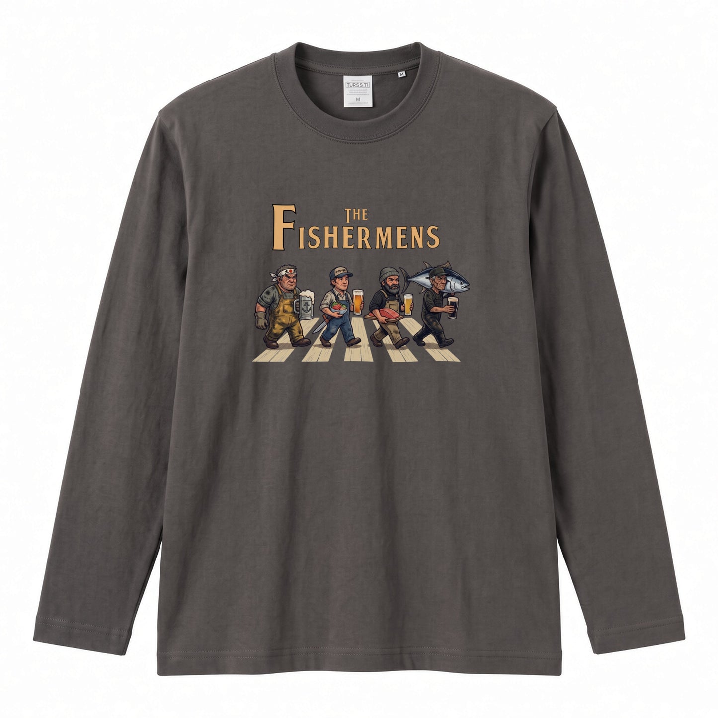 THE FISHERMENS | 海の男たち 巨大マグロ 乾杯ビール ロック名盤オマージュ グラフィック 長袖Tシャツ【おもしろ雑貨・普段着・宴会・ユニセックス・ギフトに最適】