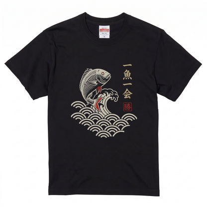 「一魚一会」浮世絵風 和柄白Tシャツ