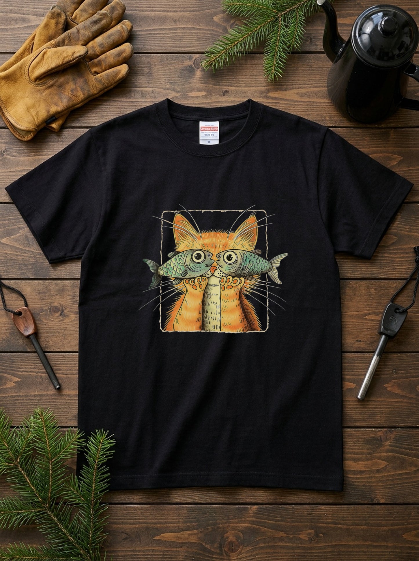 【魚メガネ茶トラ猫】シュールで可愛いお魚メガネ猫 イラスト黒Tシャツ | CASTMODE