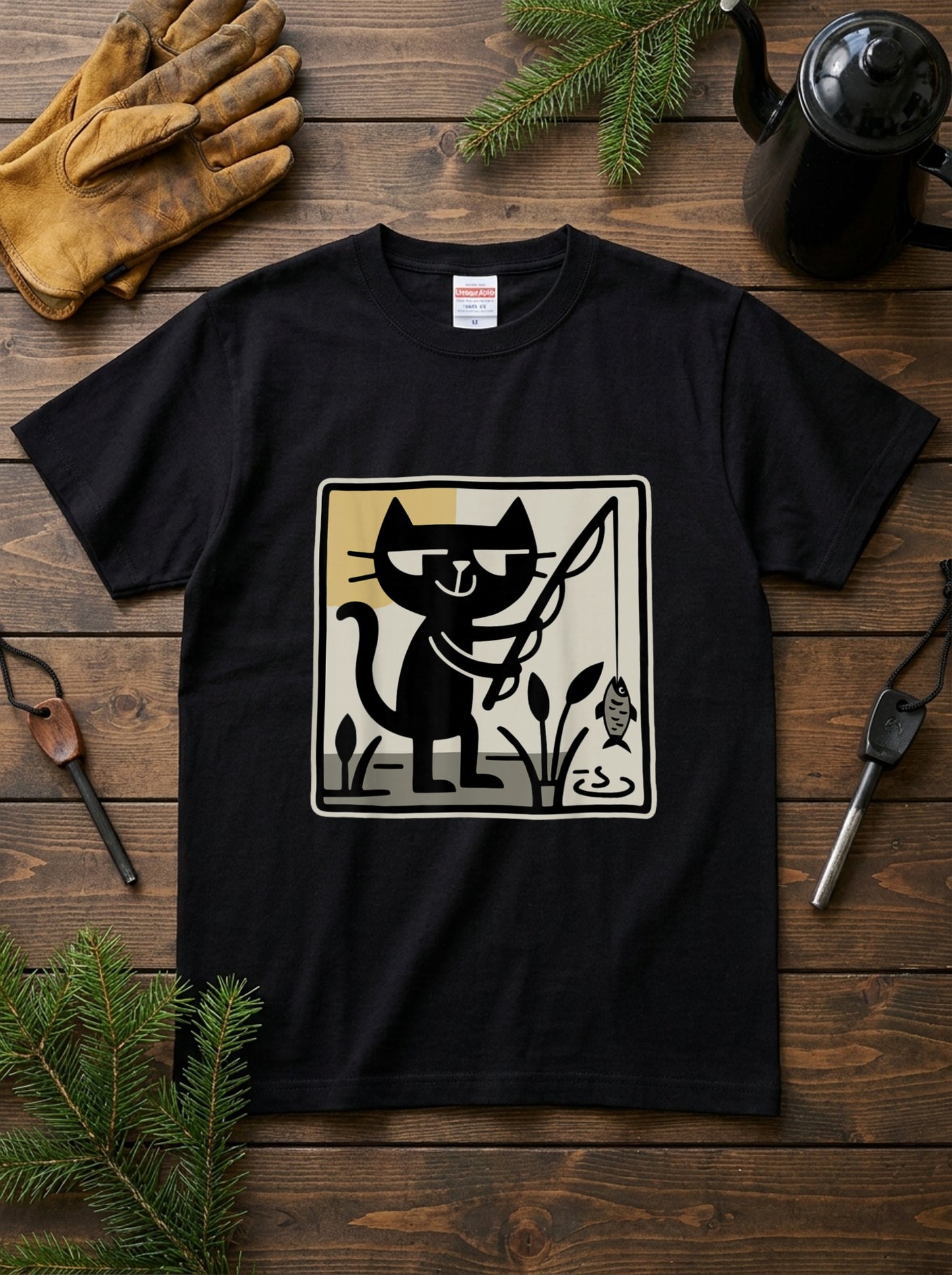 【レトロ黒猫×釣り】ミッドセンチュリー風 黒猫フィッシング アート黒Tシャツ | CASTMODE