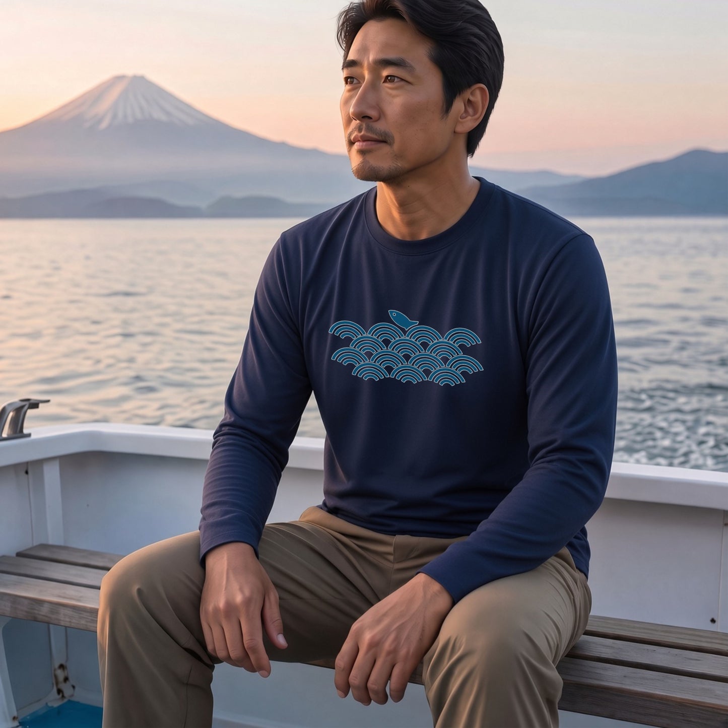 波と魚 | 和風 伝統 幾何学 青海波 魚 イラスト 釣り人 クール 長袖Tシャツ【釣り好き・和柄好き・アングラー・プレゼントに最適】