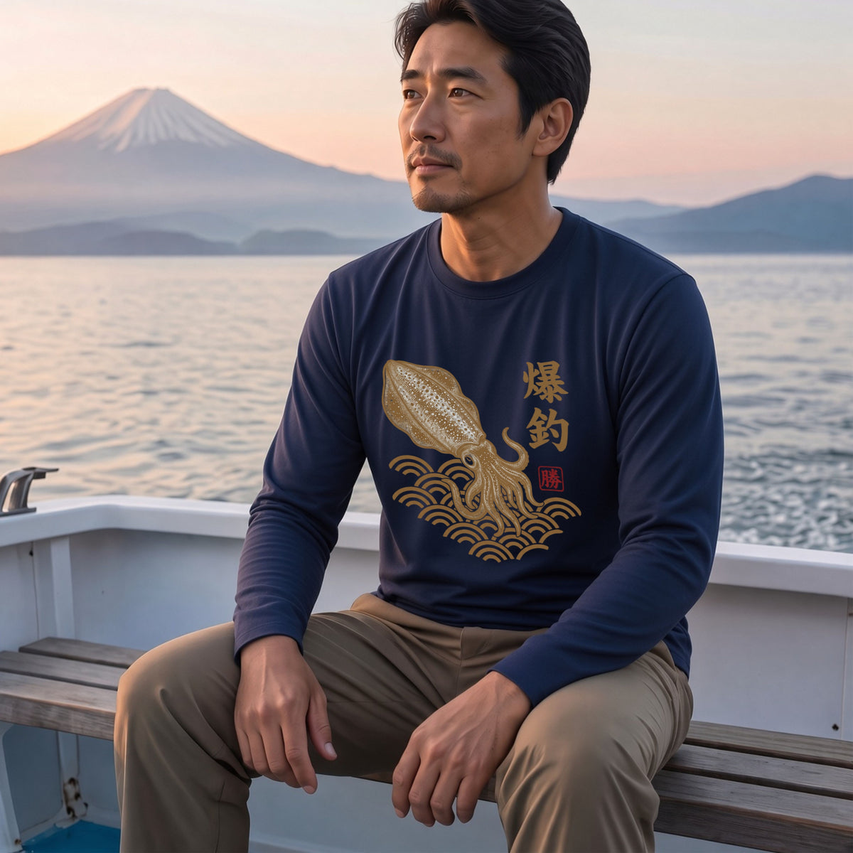 爆釣祈願 | 和柄 アオリイカ 烏賊 エギング 波 浮世絵風 筆文字 釣り グラフィック 長袖Tシャツ【釣り雑貨・海釣り・エギング・カジュアル・ギフトに最適】