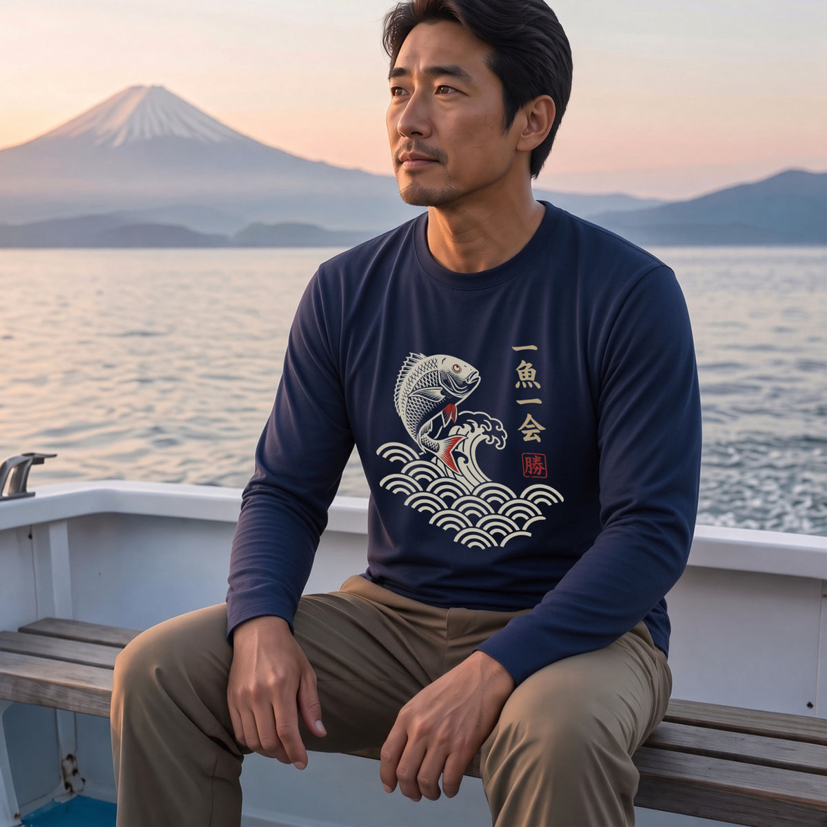 一魚一会 | 和柄 チヌ 黒鯛 波 浮世絵風 筆文字 釣り グラフィック 長袖Tシャツ【釣り雑貨・海釣り・磯釣り・カジュアル・ギフトに最適】