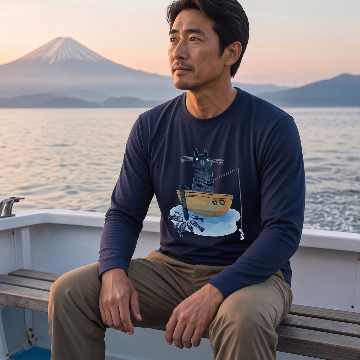 釣りをする猫 | 猫 小舟 魚 癒し イラスト 北欧 絵本風 ほのぼの 長袖Tシャツ【猫好き・釣り好き・アウトドア・プレゼントに最適】