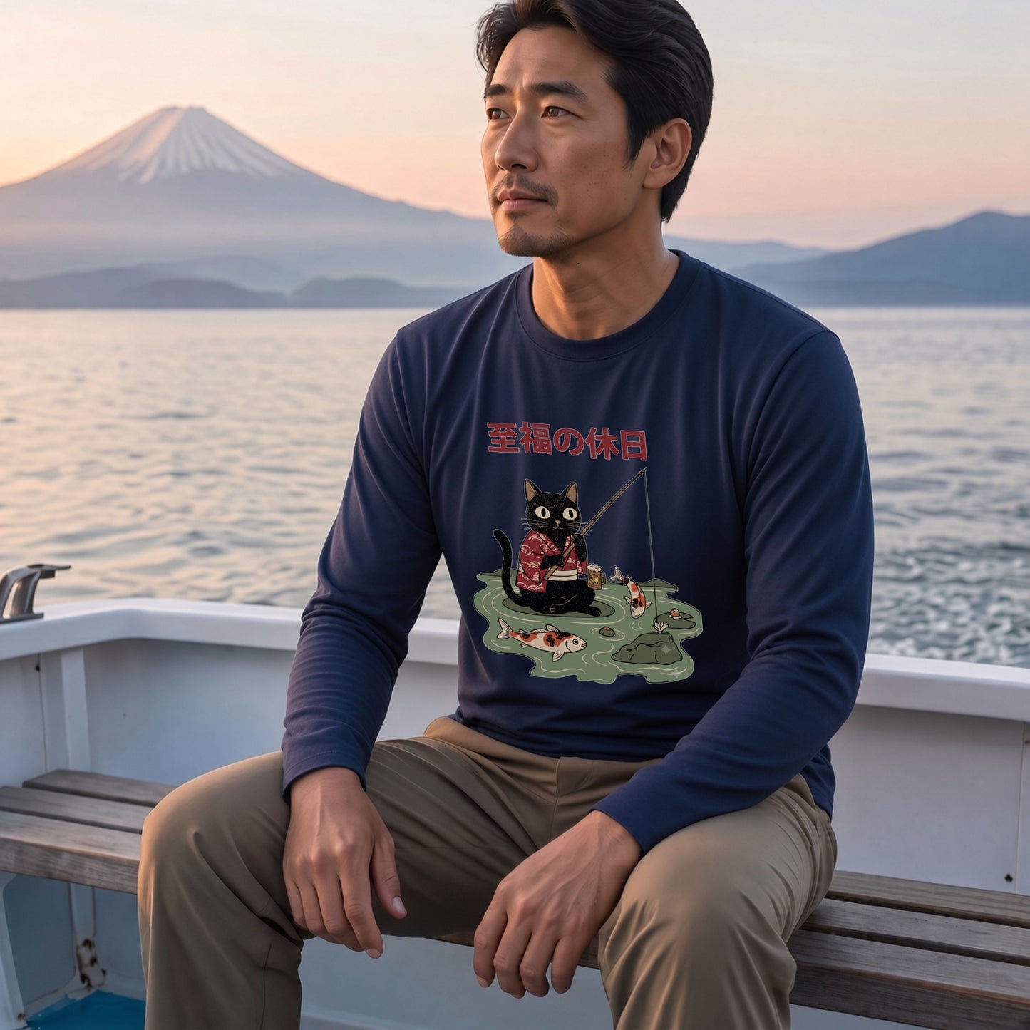 至福の休日 | 黒猫 釣り 和風 レトロ 浮世絵風 おもしろ かわいい グラフィック 長袖Tシャツ【猫雑貨・釣り・カジュアル・ギフトに最適】