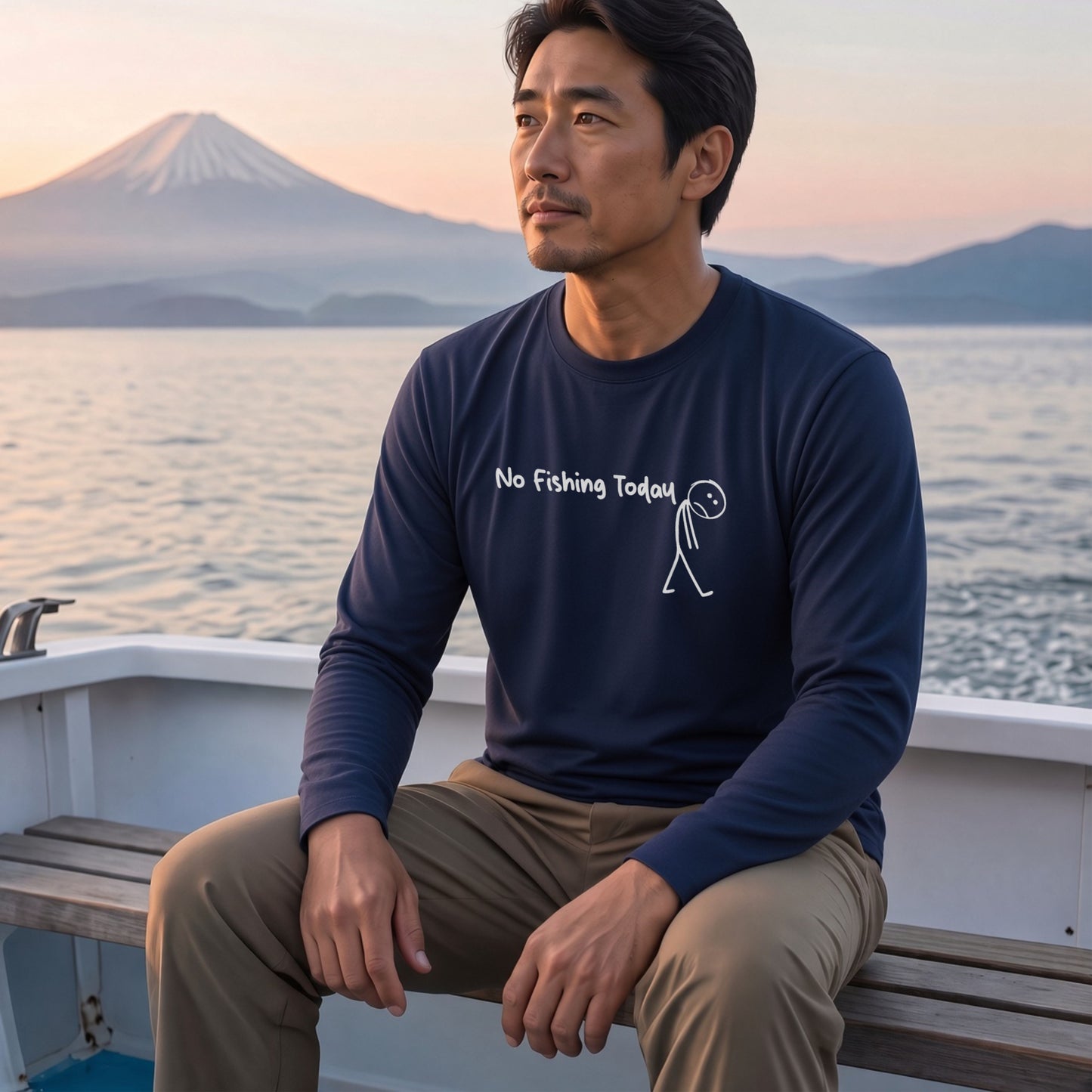 NO FISHING TODAY | 棒人間 釣りに行けない 悲しい おもしろ シュール 手描き風 イラスト 長袖Tシャツ【釣り雑貨・普段着・カジュアル・ギフトに最適】