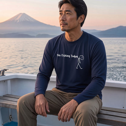 NO FISHING TODAY | 棒人間 釣りに行けない 悲しい おもしろ シュール 手描き風 イラスト 長袖Tシャツ【釣り雑貨・普段着・カジュアル・ギフトに最適】
