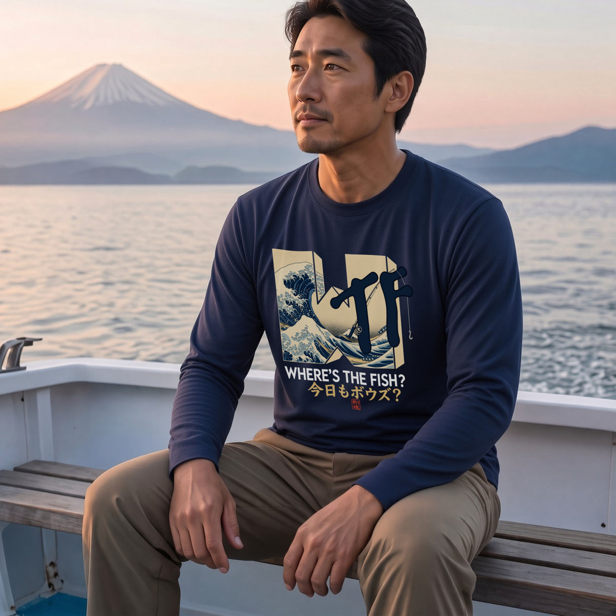 WHERE'S THE FISH | 今日もボウズ？ 釣り ギャグ おもしろ 和風 波 イラスト 長袖Tシャツ【釣り好き・アングラー・釣りウェア・プレゼントに最適】