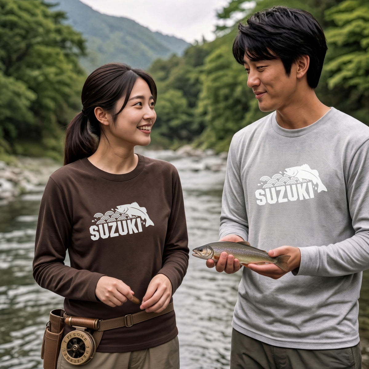 SUZUKI | スズキ 魚 和柄 波 イラスト 英字 ワンポイント 長袖Tシャツ【釣り男子・釣りガール・ストリート・ギフト】
