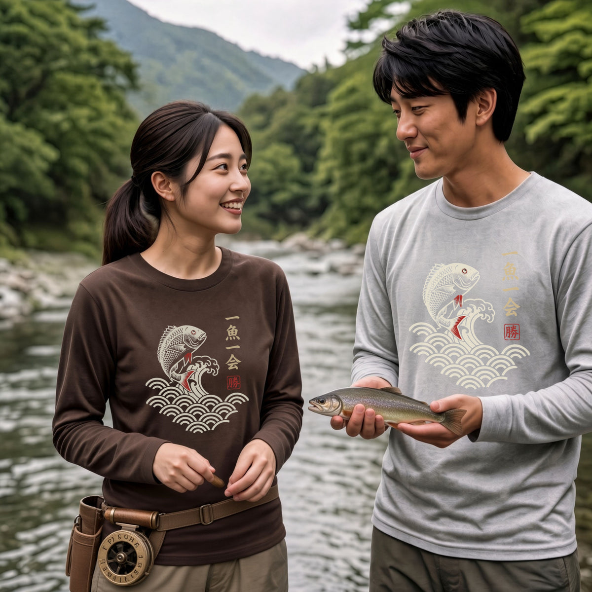 一魚一会 | 和柄 チヌ 黒鯛 波 浮世絵風 筆文字 釣り グラフィック 長袖Tシャツ【釣り雑貨・海釣り・磯釣り・カジュアル・ギフトに最適】
