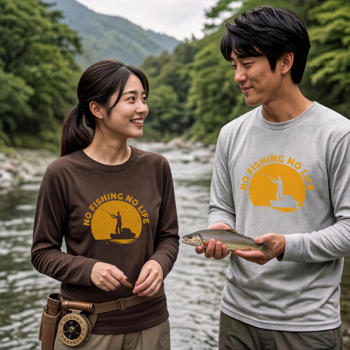 NO FISHING NO LIFE | 釣り イラスト サンセット アングラー 英字ロゴ 長袖Tシャツ【釣り好き・海釣り・バス釣り・プレゼントに最適】