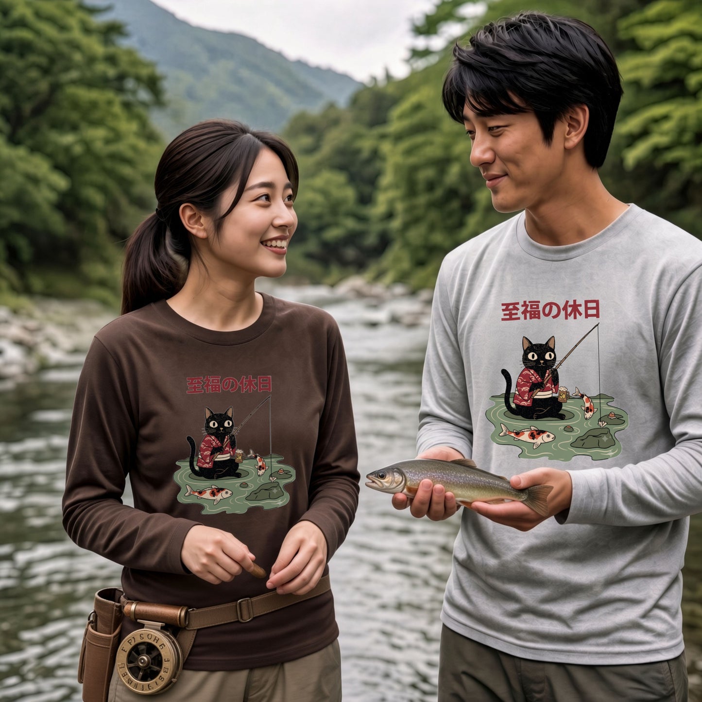 至福の休日 | 黒猫 釣り 和風 レトロ 浮世絵風 おもしろ かわいい グラフィック 長袖Tシャツ【猫雑貨・釣り・カジュアル・ギフトに最適】