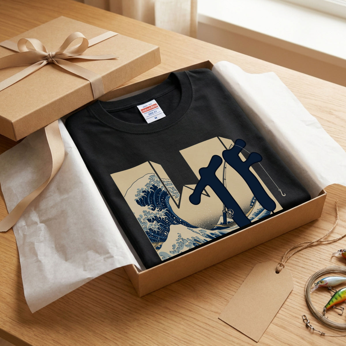 WHERE'S THE FISH | 今日もボウズ？ 釣り ギャグ おもしろ 和風 波 イラスト 長袖Tシャツ【釣り好き・アングラー・釣りウェア・プレゼントに最適】