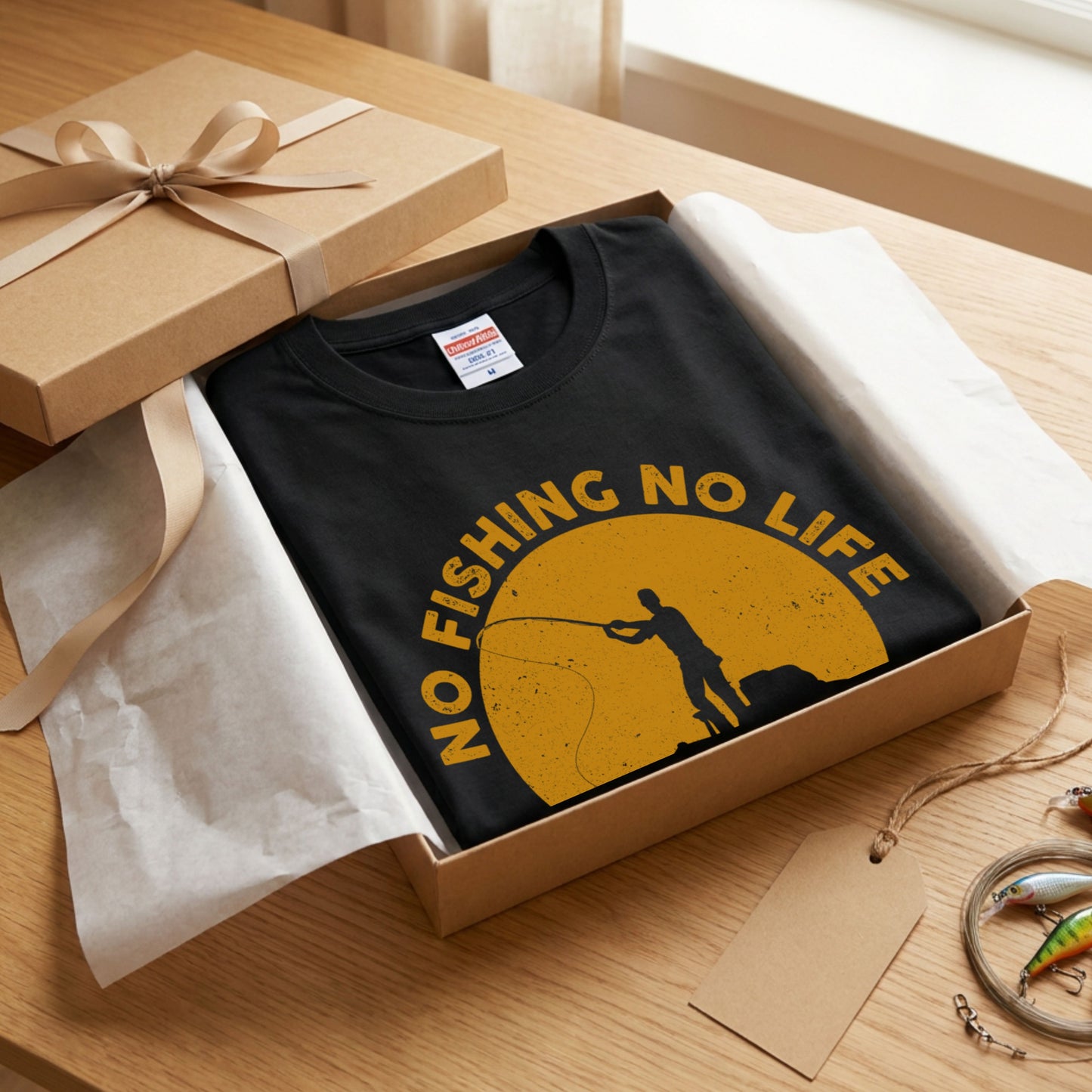 NO FISHING NO LIFE | 釣り イラスト サンセット アングラー 英字ロゴ 長袖Tシャツ【釣り好き・海釣り・バス釣り・プレゼントに最適】