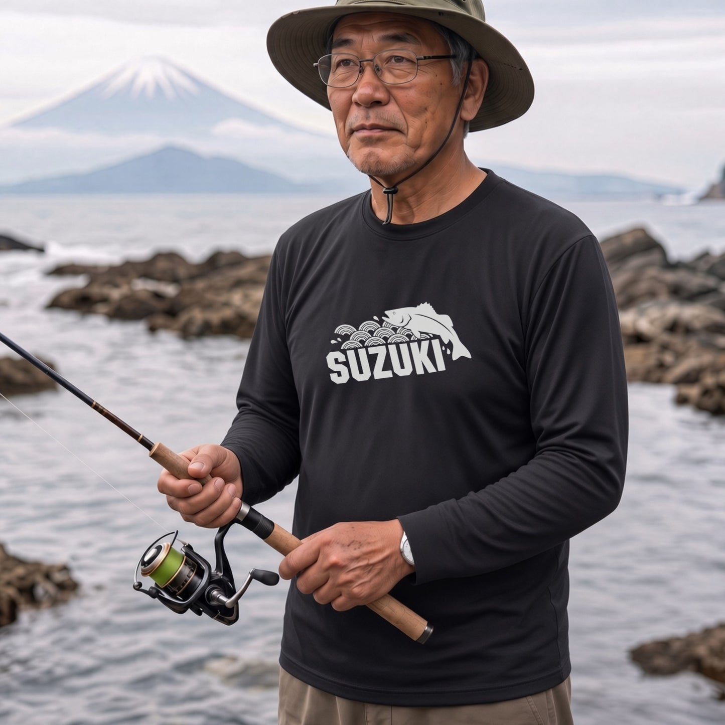 SUZUKI | スズキ 魚 和柄 波 イラスト 英字 ワンポイント 長袖Tシャツ【釣り男子・釣りガール・ストリート・ギフト】