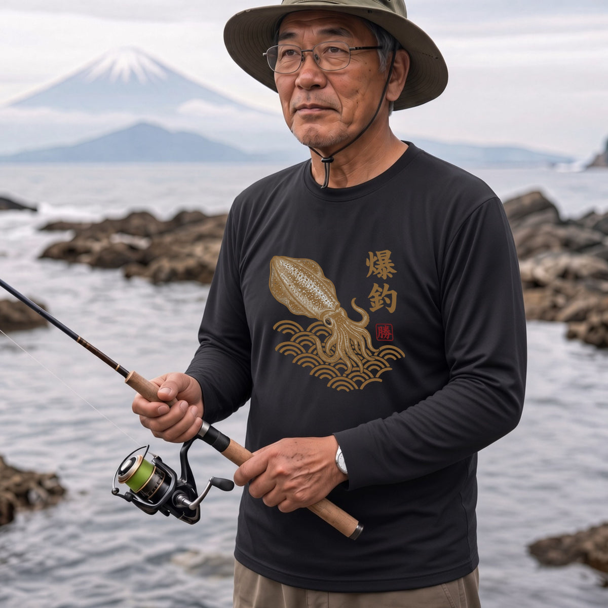 爆釣祈願 | 和柄 アオリイカ 烏賊 エギング 波 浮世絵風 筆文字 釣り グラフィック 長袖Tシャツ【釣り雑貨・海釣り・エギング・カジュアル・ギフトに最適】