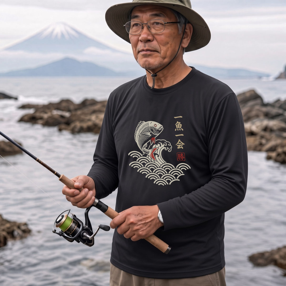 一魚一会 | 和柄 チヌ 黒鯛 波 浮世絵風 筆文字 釣り グラフィック 長袖Tシャツ【釣り雑貨・海釣り・磯釣り・カジュアル・ギフトに最適】