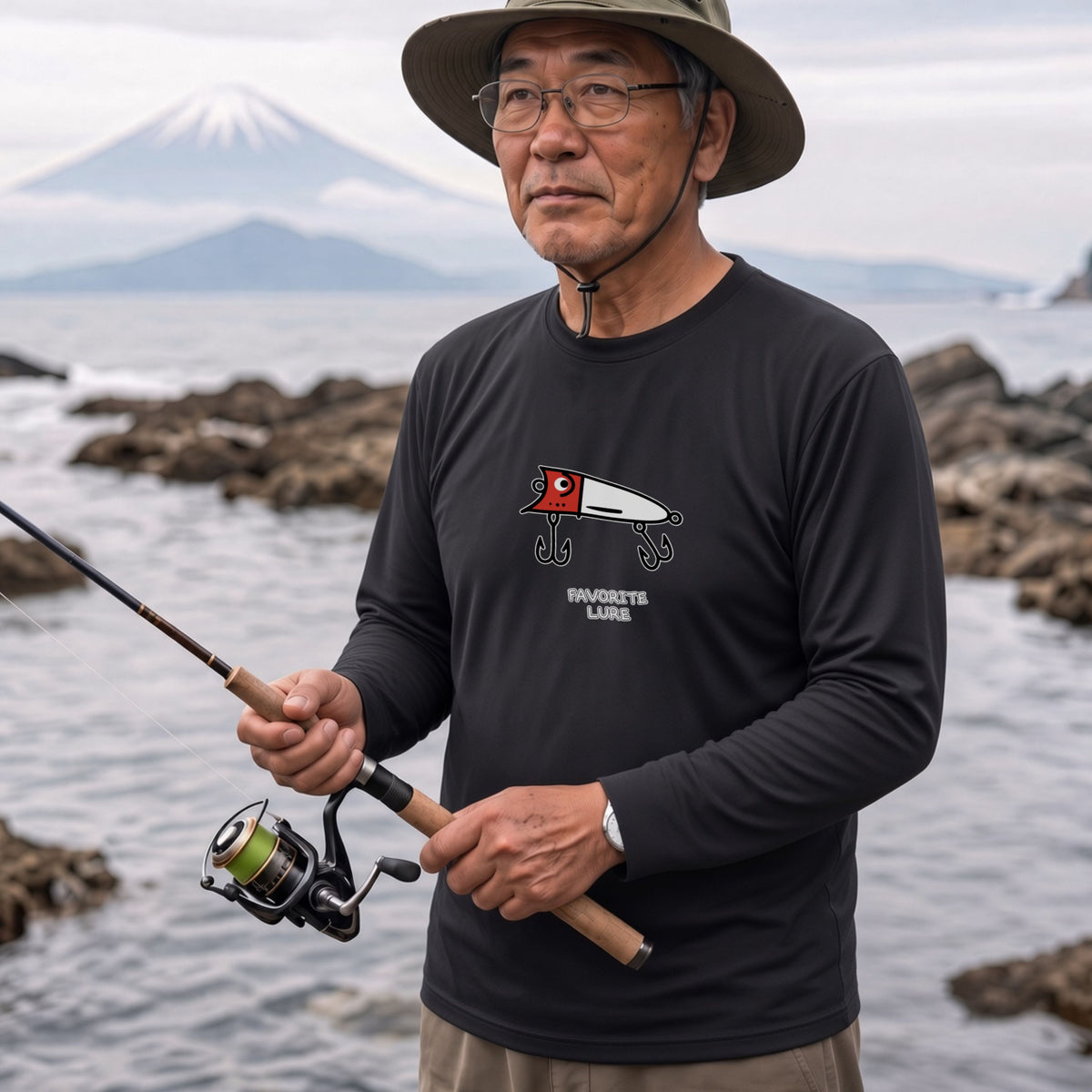 FAVORITE LURE | レッドヘッド ポッパー ルアー 釣り かわいい ポップ イラスト グラフィック 長袖Tシャツ【釣り雑貨・バス釣り・カジュアル・ギフトに最適】
