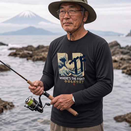 WHERE'S THE FISH | 今日もボウズ？ 釣り ギャグ おもしろ 和風 波 イラスト 長袖Tシャツ【釣り好き・アングラー・釣りウェア・プレゼントに最適】
